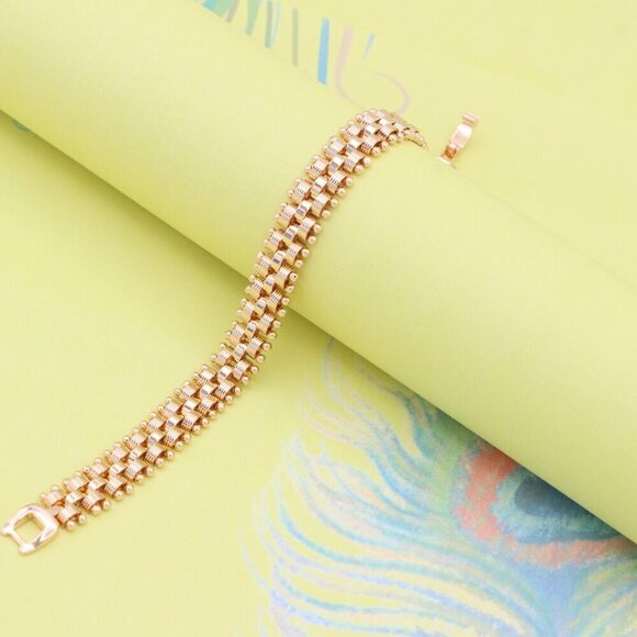 "Elegant Rose Gold Wide Link Bracelet with Beaded Edge Design, XPBL0859 - Picture 11 of 12